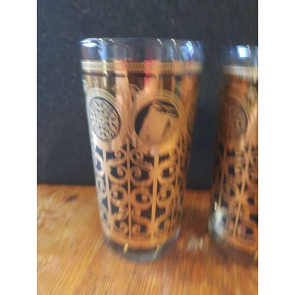 Libbey MCM Black/Gold Highbal Glasses Rock of Gibraltar Prudential 16oz Set Of 2 - Picture 3 of 9